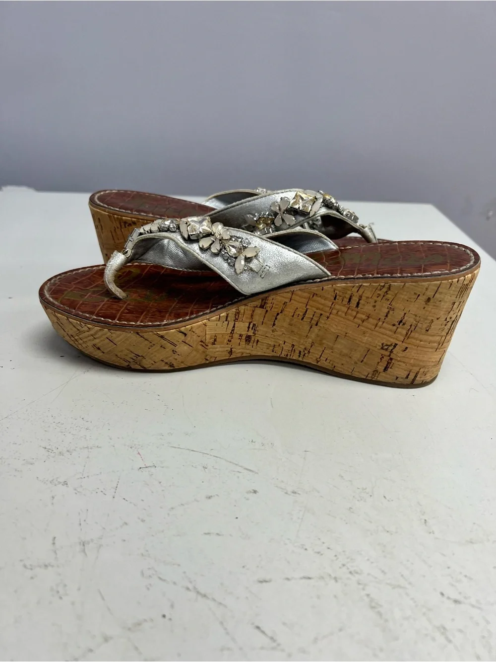 Sam Edelman Silver Jeweled Cork Wedge Thong Sandals Women’s 7.5